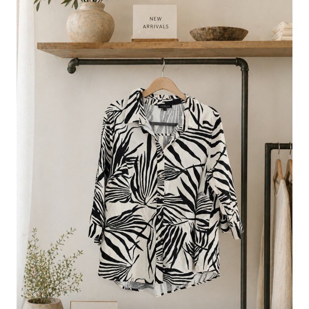 Rachel Zoe Linen Rayon White Black Palm Button Down Top 2X - Picture 2 of 3
